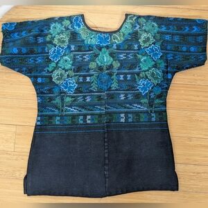 Huipil (blouse) from Guatemala, blues and green embroidery, cotton, large